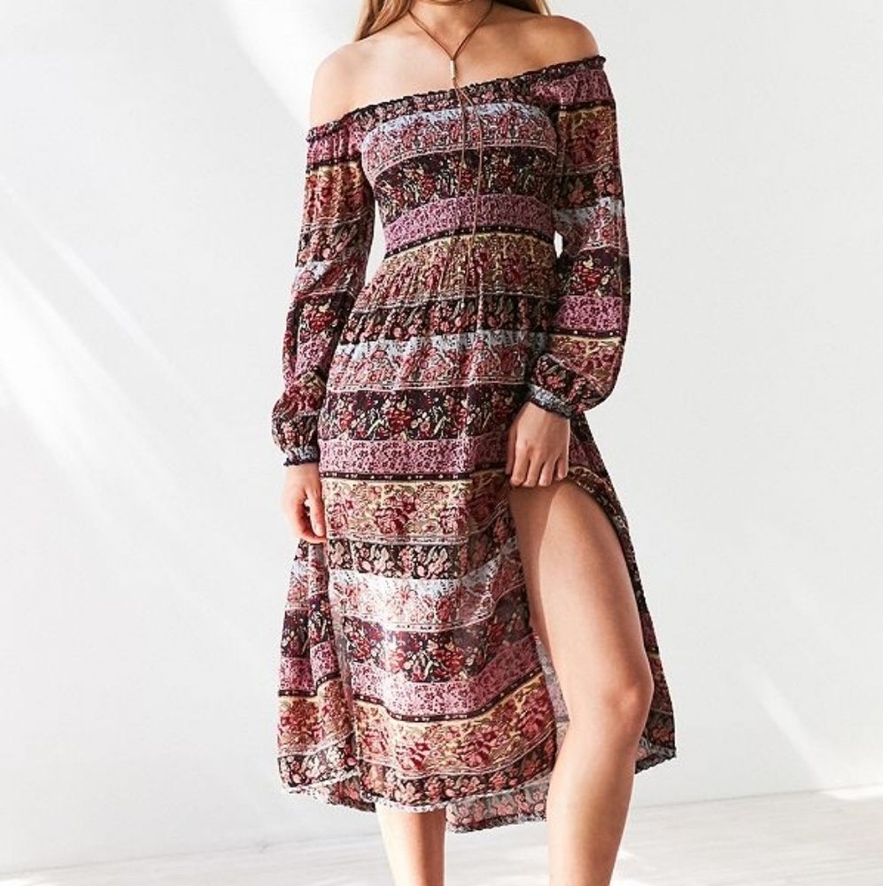 UO Kimchi Blue Jannie Off The Shoulder Midi Dress